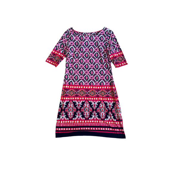 Women 2 Eliza J Pink Geometric Print Shift Dress Elbow Sleeve Boatneck EJ7M2023 - Picture 1 of 4